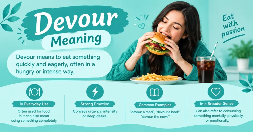 Devour meaning infographic showing how devour is used for eating eagerly, strong interest, intense emotion, and broader consumption.