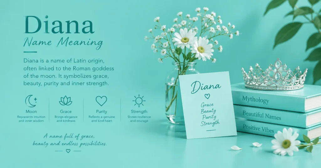 Diana name meaning infographic with Latin origins, moon symbolism, grace, purity, and inner strength.