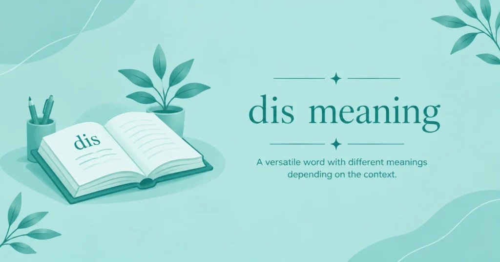 Dis meaning infographic explaining the prefix “dis,” which means not or opposite, with an open book and elegant teal botanical design.