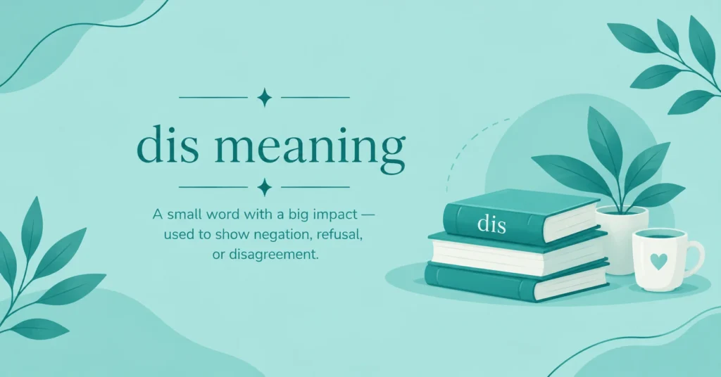 Dis meaning infographic describing negation, refusal, and disagreement with stacked books, a potted plant, and a soft teal background.