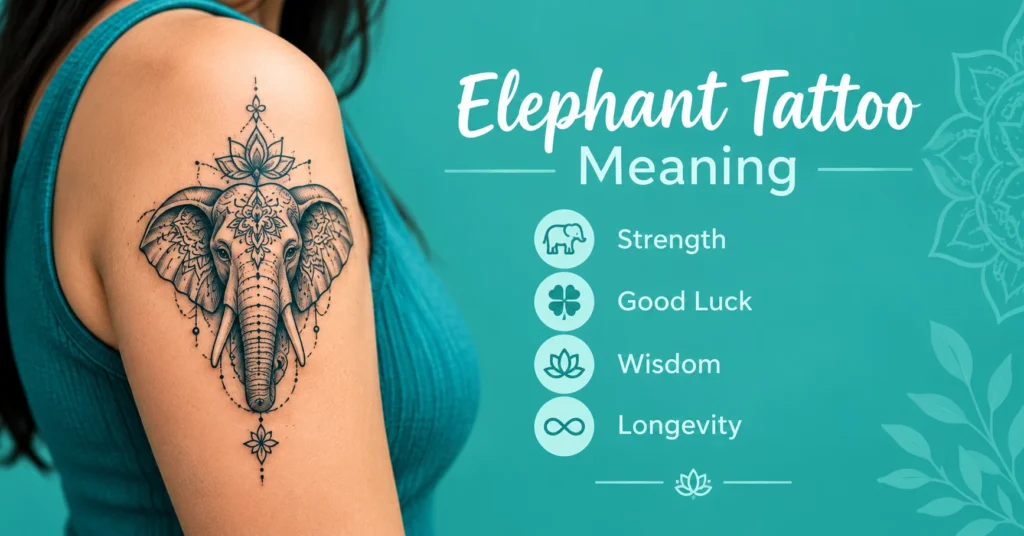 Elephant tattoo meaning with a detailed mandala elephant tattoo design symbolizing strength, good luck, wisdom, and longevity on a teal background.