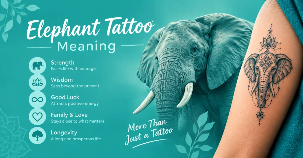 Elephant tattoo meaning infographic featuring a realistic elephant and mandala elephant tattoo, representing strength, wisdom, good luck, family love, and longevity in teal