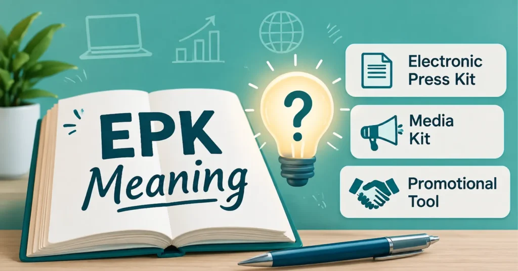EPK meaning infographic featuring a magnifying glass, experience, skills, knowledge blocks, and professional media kit elements on a teal background.