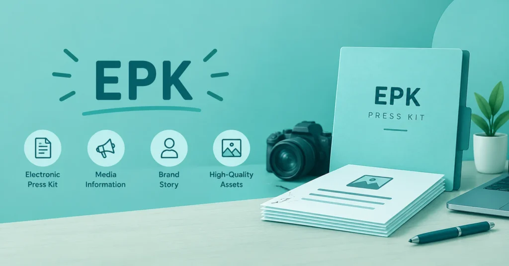 EPK meaning infographic explaining Electronic Press Kit with an open book, lightbulb, media kit, and promotional tool illustrations in teal.