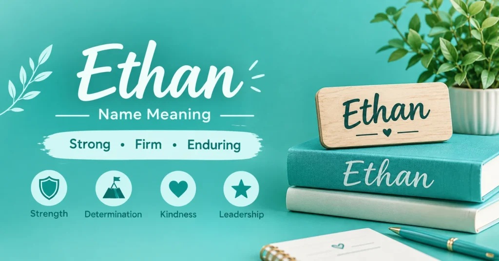 Ethan name meaning infographic with the meaning strong, firm, and enduring.