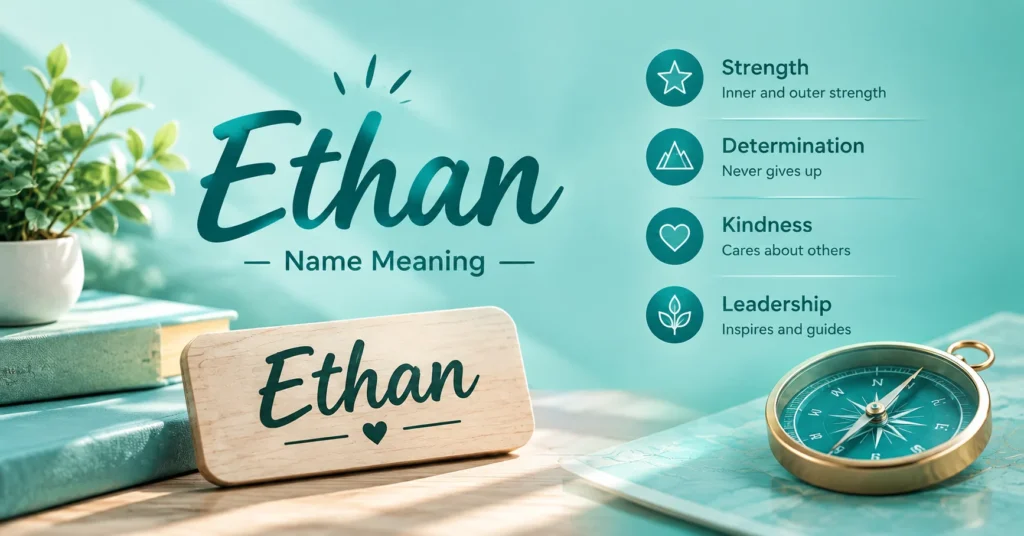 Ethan name meaning graphic highlighting strength, determination, kindness, and leadership.