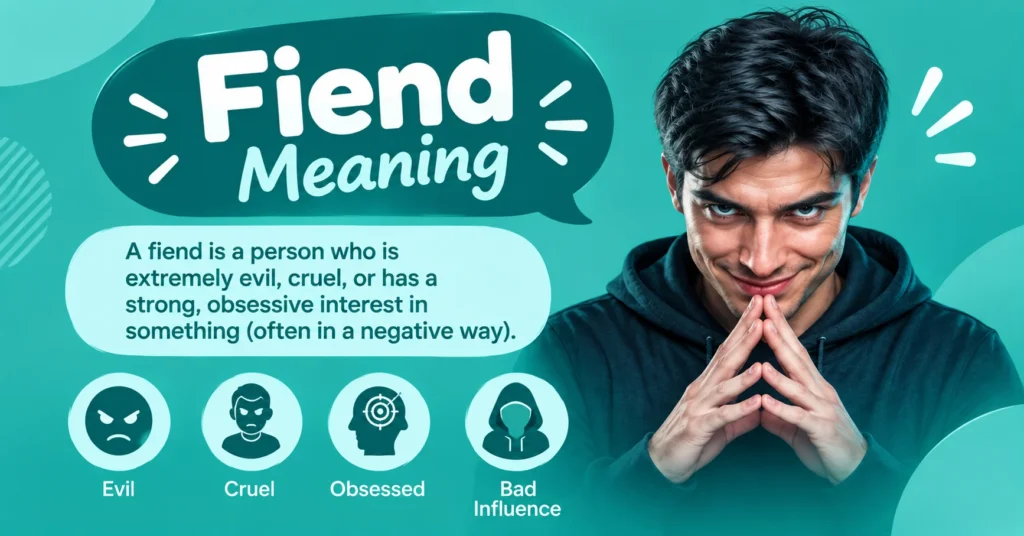 Fiend meaning infographic explaining a person who is extremely evil, cruel, obsessed, or strongly interested in something.