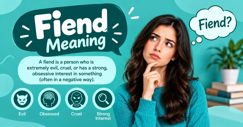 Fiend meaning infographic showing evil, cruelty, obsession, and bad influence as different meanings associated with the word fiend.