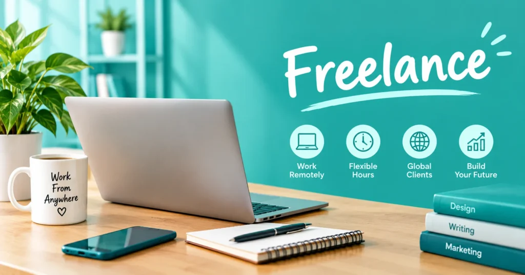 Freelance meaning illustrated with a modern remote-work setup, laptop, flexible hours, global clients, and independent career icons in a teal design.