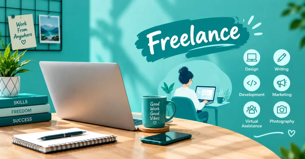 Freelance meaning shown through a remote workspace with laptop, freelance skills, work-from-anywhere concept, and icons for design, writing, development, marketing, and photography.