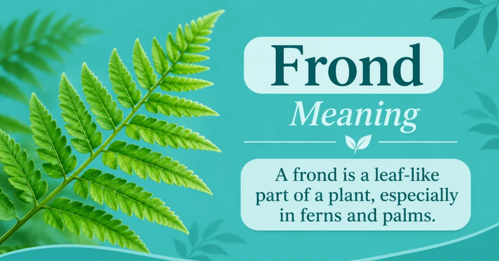 Frond meaning with a green fern leaf and a simple definition of frond on a teal background.
