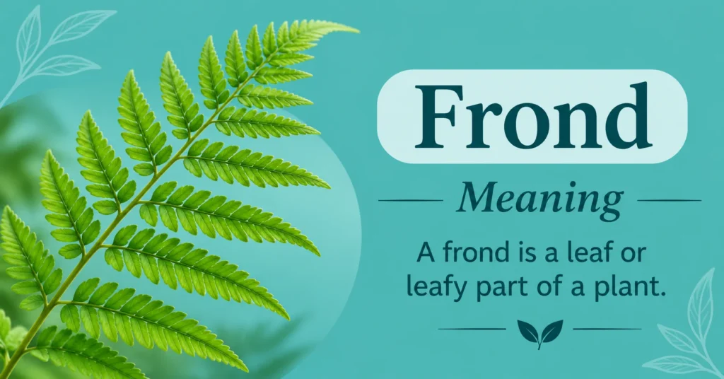 Frond meaning infographic featuring a detailed fern frond and explaining the meaning of a frond as a leaf or leafy part of a plant.