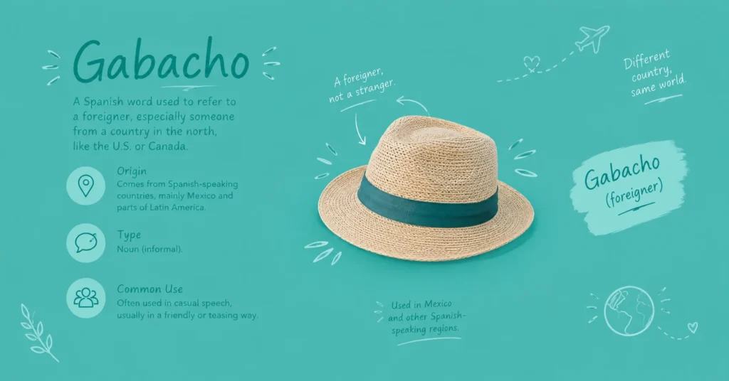 Gabacho meaning infographic explaining the Spanish term for a foreigner, its origin, type, and common friendly or teasing use.