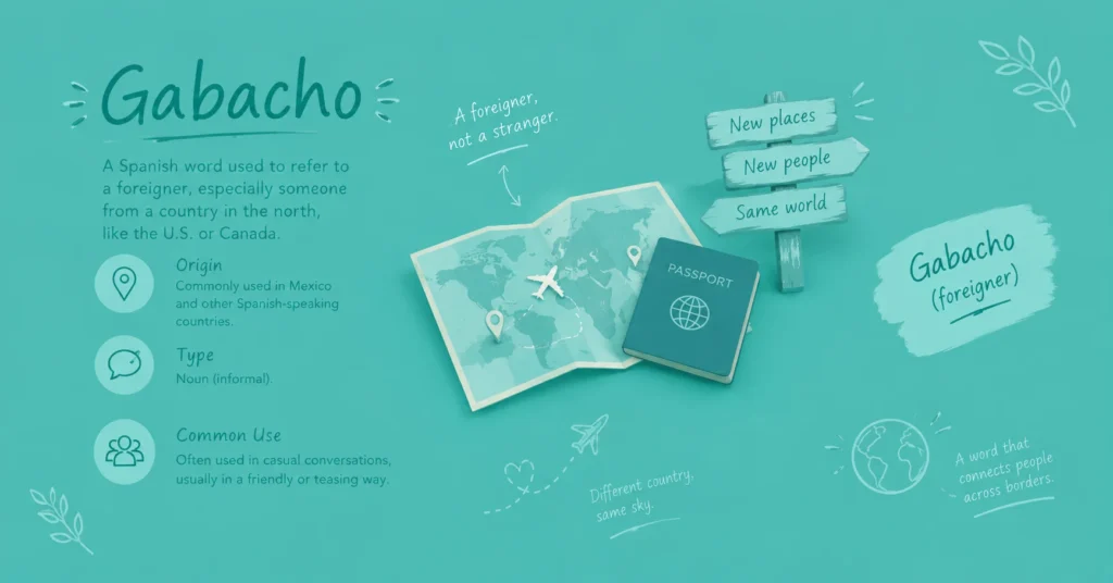 Gabacho meaning infographic featuring a map, passport, and travel symbols while explaining its meaning, Spanish-speaking origins, and casual usage.