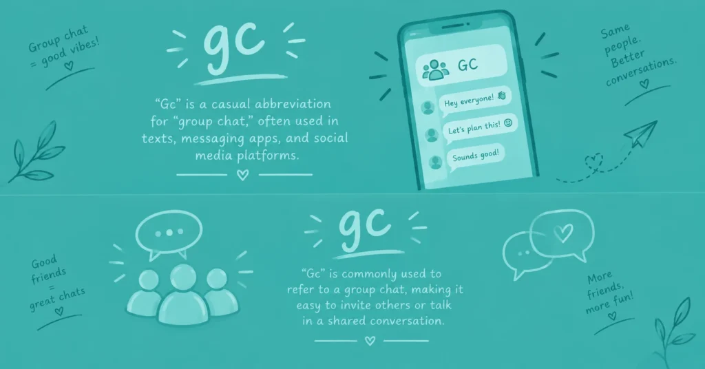 GC meaning infographic explaining “gc” as a common abbreviation for group chat in texts, messaging apps, and social media
