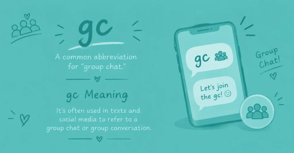 GC meaning graphic showing “gc” as shorthand for group chat with smartphone messages and group conversation illustrations