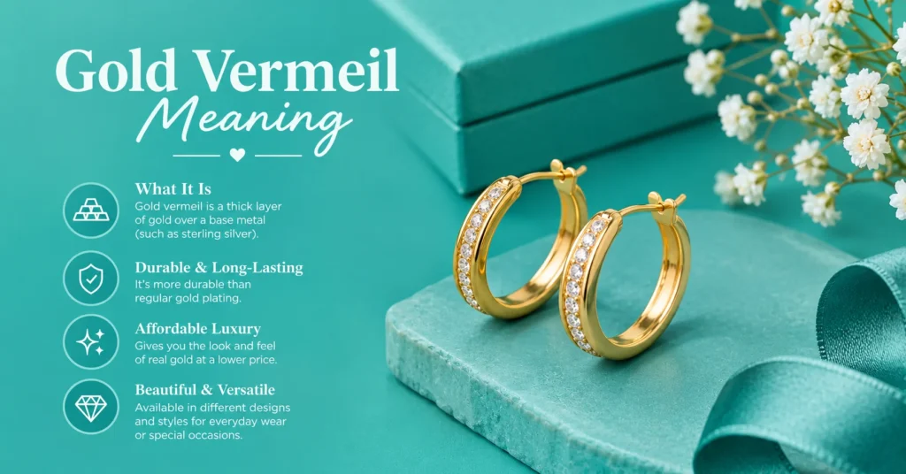 Gold vermeil meaning infographic showing gold jewelry, its sterling silver base, durability, affordability, and elegant teal background.