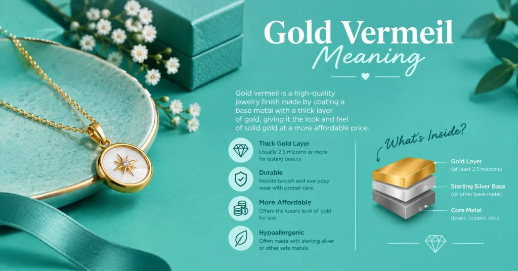 Gold vermeil meaning infographic explaining the thick gold layer, sterling silver base, durability, affordability, and jewelry construction.
