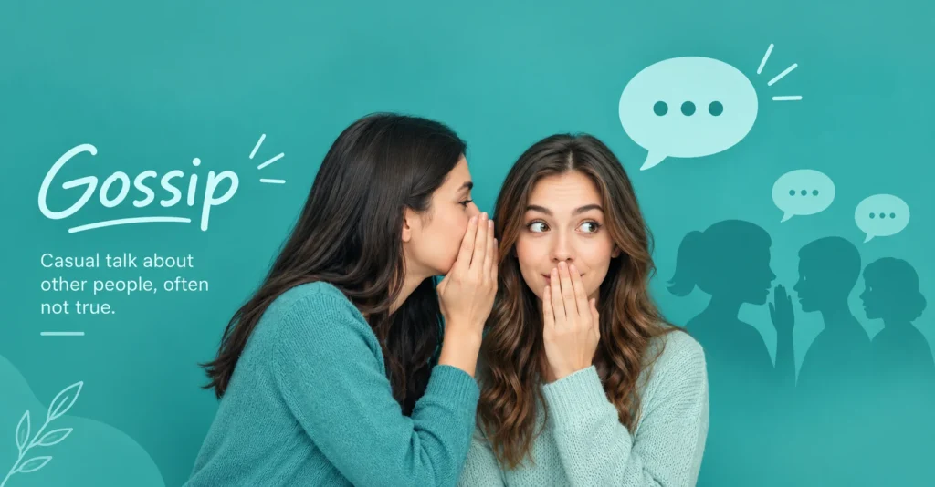 Gossip meaning explained with two women whispering and a teal speech bubble illustration.