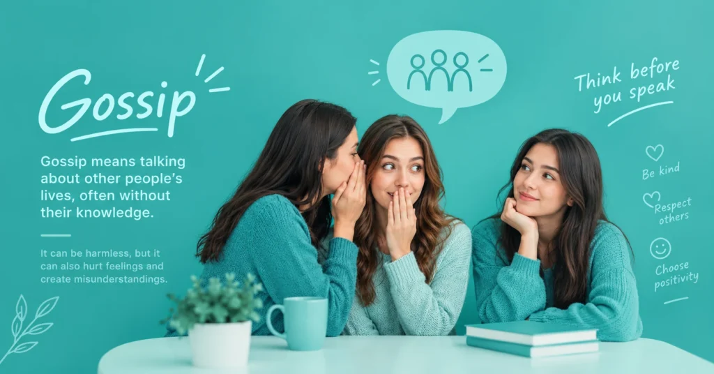 Gossip meaning infographic showing people talking, a simple definition, and reminders to think before speaking.