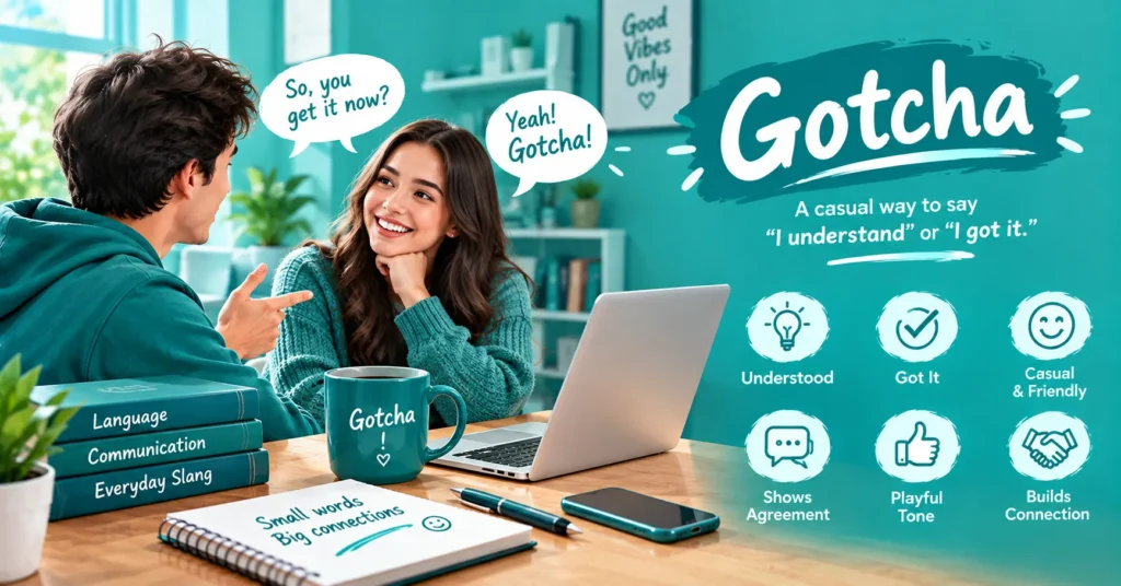 Gotcha meaning explained with a friendly conversation, speech bubbles, laptop, and icons representing understanding, agreement, and a casual response.