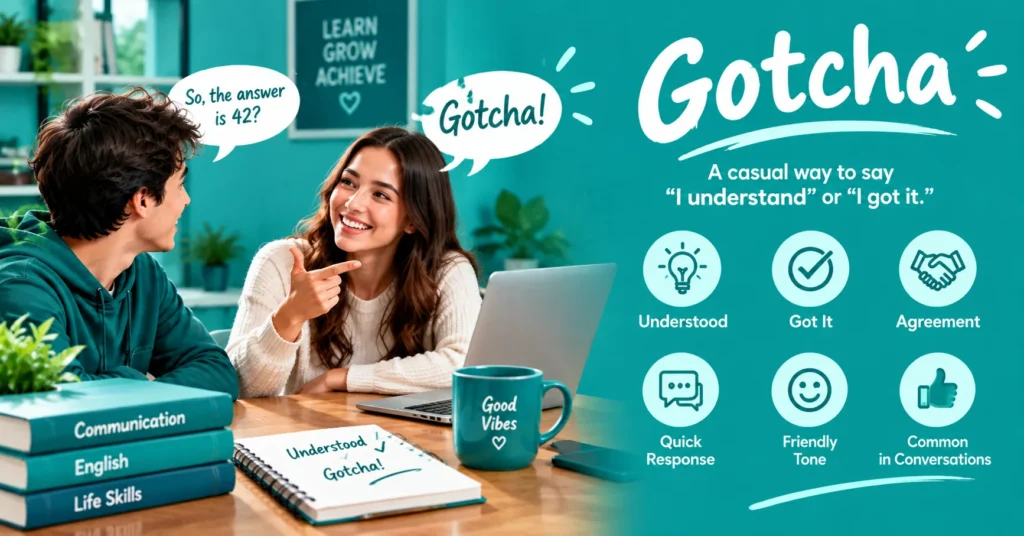 Gotcha meaning illustrated through a casual conversation with speech bubbles, study materials, and icons showing understanding, agreement, quick response, and friendly tone.