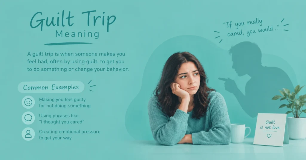 Guilt trip meaning illustration showing a concerned woman facing emotional manipulation, with examples of guilt-tripping phrases like “If you really cared, you would” and a reminder that guilt is not love.