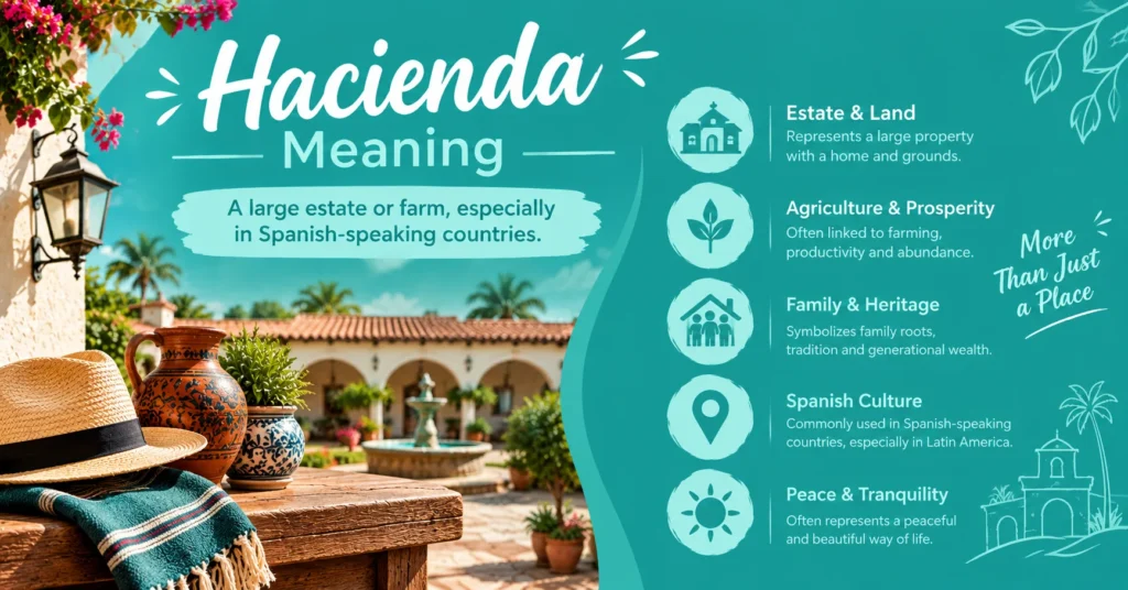 Hacienda meaning explained with Spanish colonial architecture, traditional pottery, and icons representing estate, agriculture, family heritage, Spanish culture, and tranquility on a teal background.