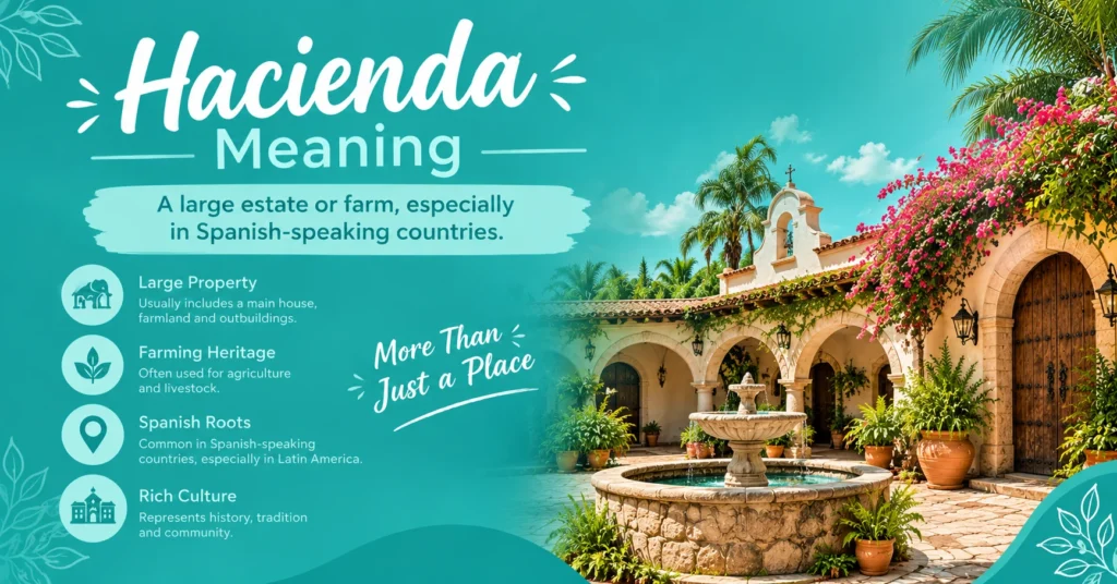 Hacienda meaning infographic showing a traditional Spanish-style estate with a courtyard, fountain, arches, and greenery in a teal