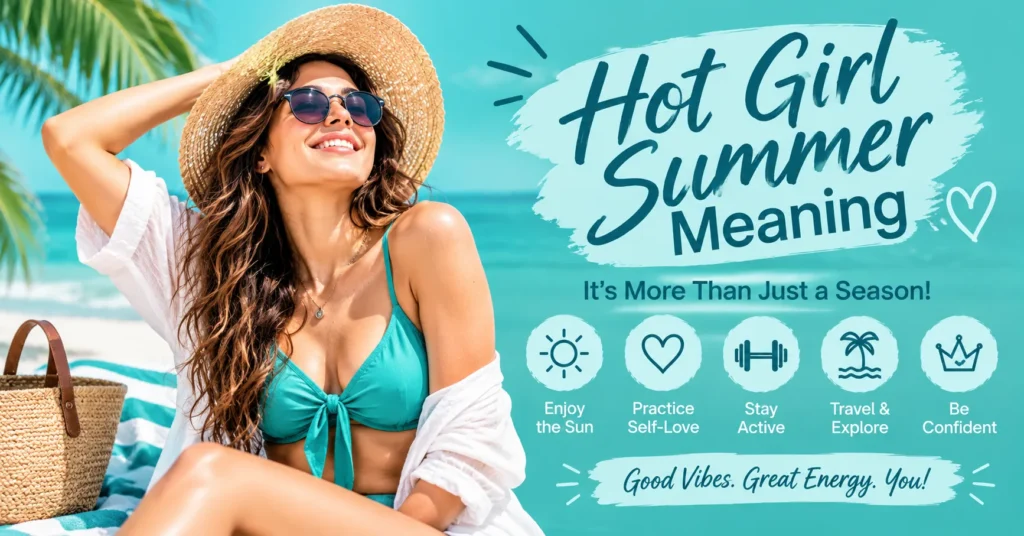 Hot Girl Summer meaning infographic with a beach portrait, confidence, self-love, travel, and positive summer vibes.