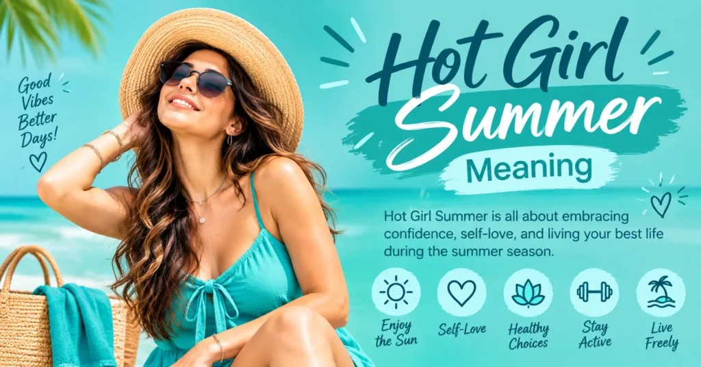 Hot Girl Summer meaning explained through a teal summer design featuring self-love, healthy choices, confidence, and freedom.