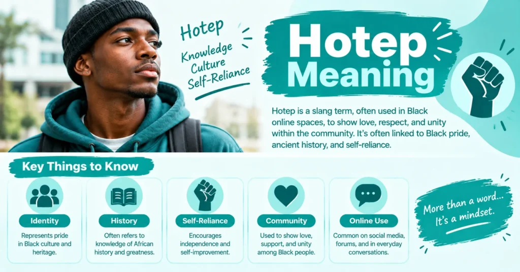 Hotep meaning infographic showing Black culture, history, self-reliance, community, and the common use of the term online