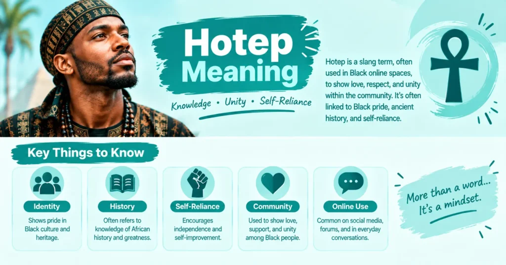 Hotep meaning infographic explaining the term through Black pride, historical awareness, identity, self-reliance, and community