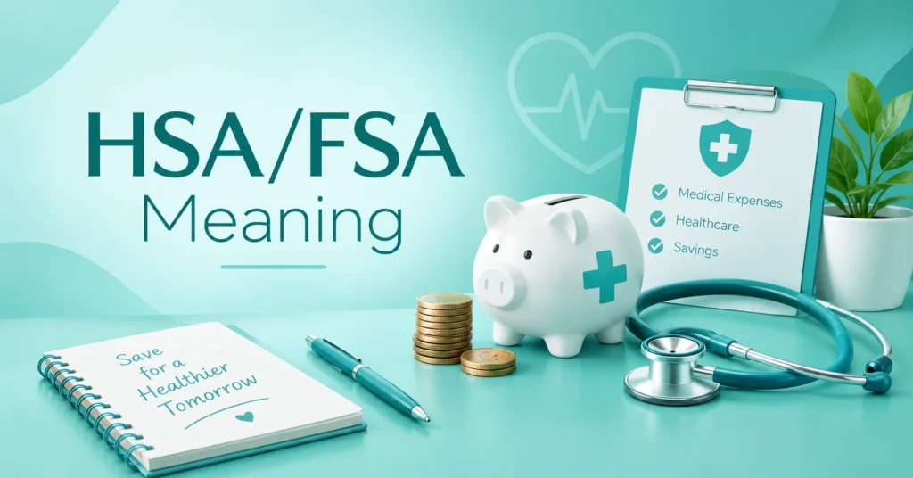 HSA/FSA meaning explained with healthcare savings, piggy bank, medical expenses, coins, and stethoscope in a teal infographic.