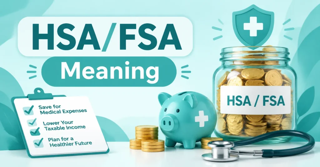 HSA/FSA meaning comparison showing Health Savings Account and Flexible Spending Account with medical savings icons in a teal and white infographic.
