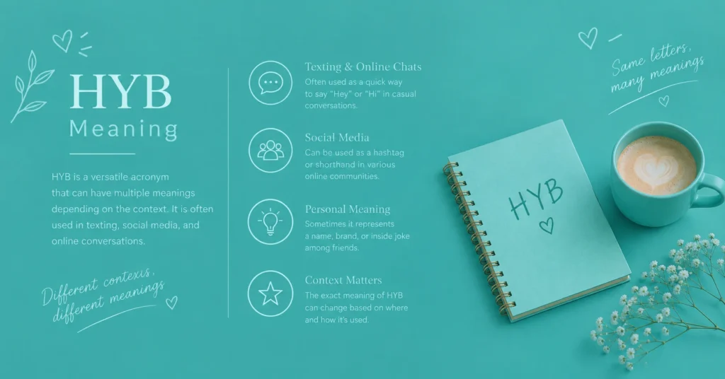 HYB meaning infographic explaining its use in texting, social media, and casual online conversations with a teal phone and notebook.
