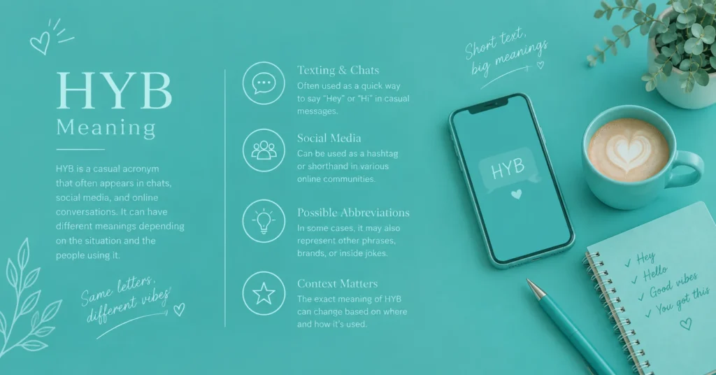 HYB meaning infographic showing different context-based interpretations with a smartphone, coffee cup, notebook, and minimalist teal design.