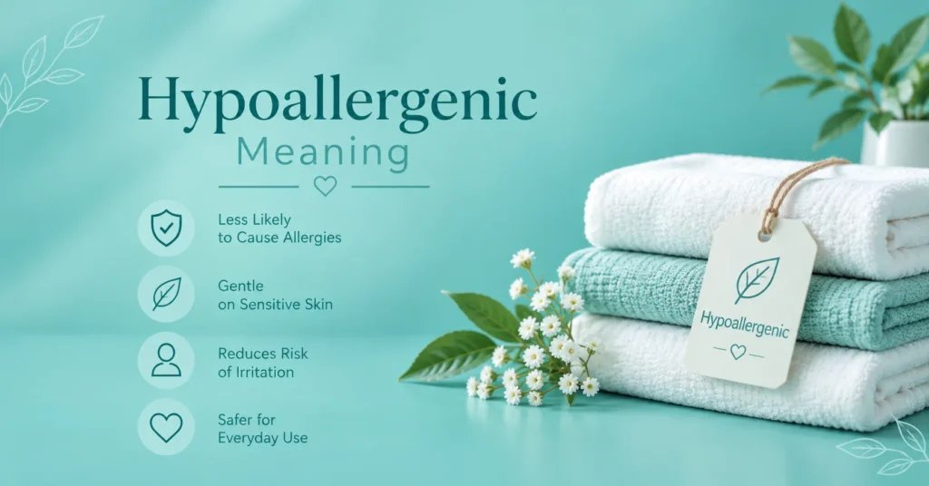 Hypoallergenic meaning infographic with teal background, soft towels, botanical accents, and gentle skin-care benefits.