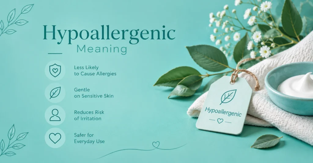 Hypoallergenic meaning information graphic featuring a teal background, skincare cream, eucalyptus leaves, and key benefits for sensitive skin.