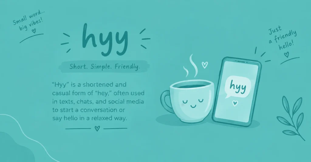 Hyy meaning infographic showing hyy as a casual and friendly way to say hey or hello in text messages and online chats