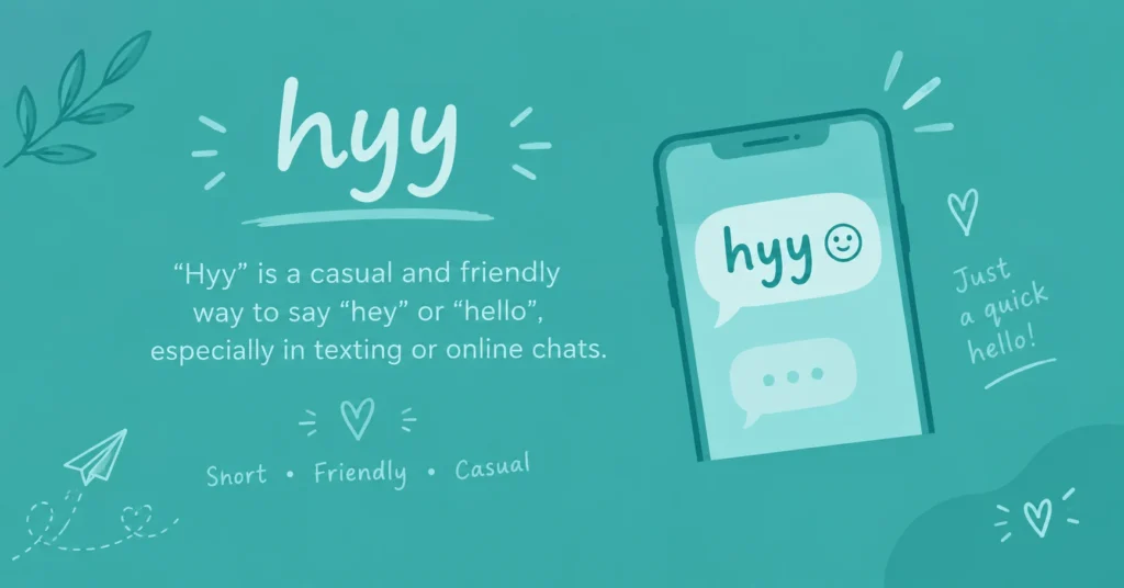 1. Hyy meaning graphic explaining hyy as a short, simple, and friendly greeting commonly used in texts, chats, and social media
