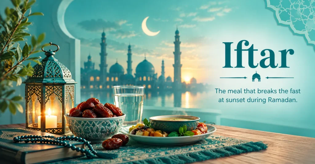 Iftar meaning shown through a Ramadan table with dates, soup, water, prayer beads, lantern, and mosque at sunset in a teal Islamic setting.