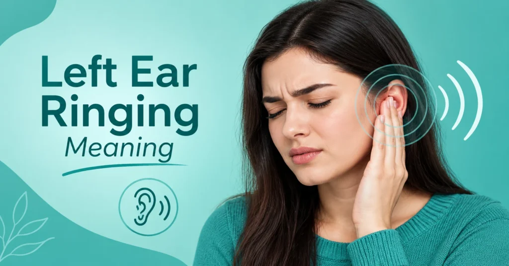 Left ear ringing meaning explained with a woman experiencing ringing in her left ear and sound wave illustration.