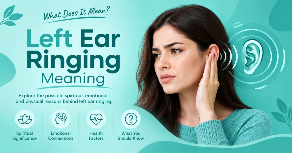 Left ear ringing meaning infographic showing possible spiritual, emotional, and physical reasons for ringing in the left ear.