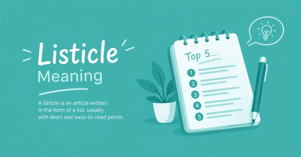 Listicle meaning infographic with a numbered list and notebook illustration.
