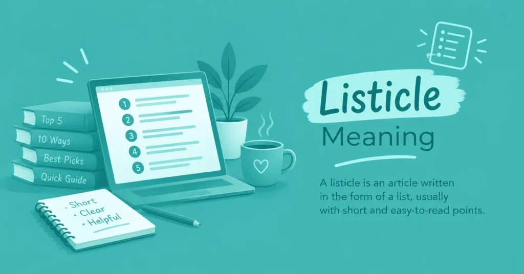 Listicle meaning graphic showing a laptop, books, and numbered article format.