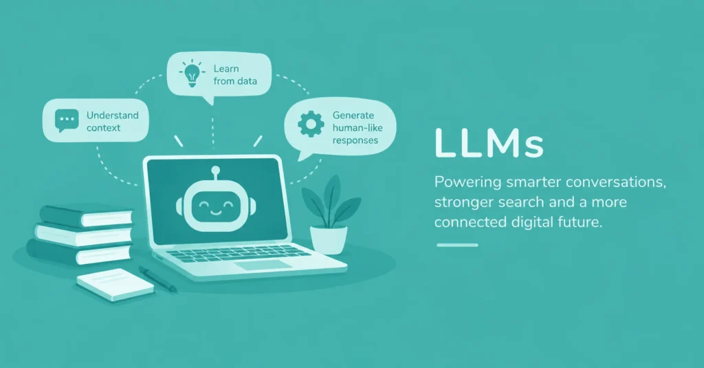 LLMs meaning infographic showing how large language models learn from text data and generate responses using AI technology, with books, documents, and a digital brain on a teal background.