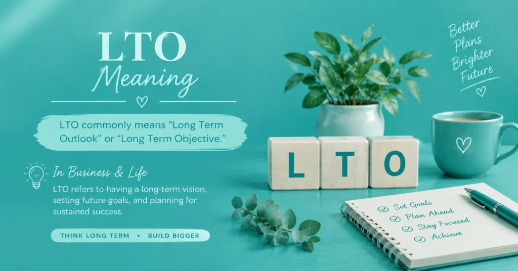 LTO meaning with long-term goals, planning notebook, books, and teal business infographic