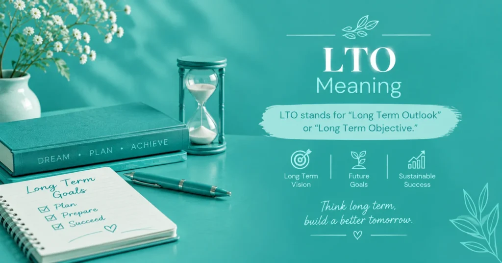 1. LTO meaning with long-term vision, future goals, hourglass, and teal motivational design