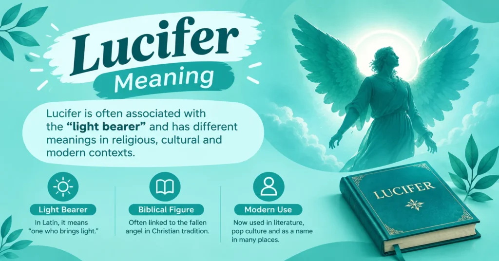 Lucifer meaning infographic showing the “light bearer” meaning, biblical figure, cultural symbolism, and modern interpretations.